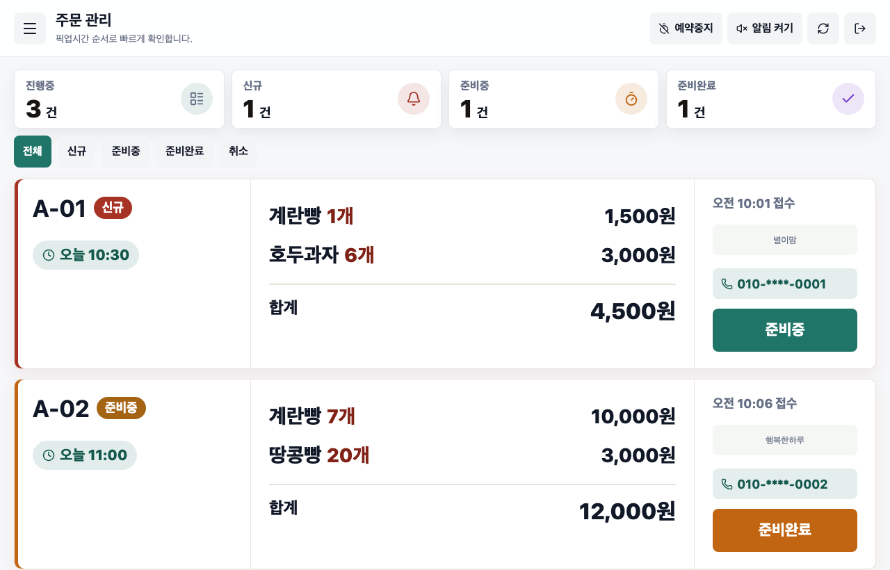 태블릿 점주 주문관리 화면